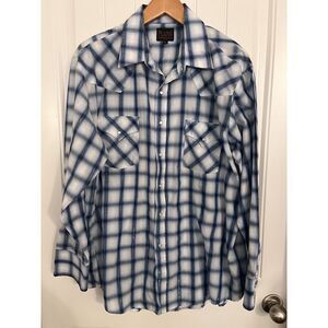 Plains Pearl Snap Shirt Mens XL Plaid Button-Up Western‎ Wear Blue Long Sleeve